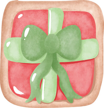 Cute square gift box Christmas cookie tied with a green ribbon bow for holiday dessert decoration - hand drawn illustration vector asset