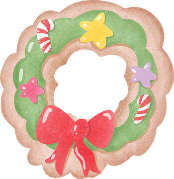 Cute Christmas wreath cookie with red ribbon bow for holiday botanical dessert decoration - hand drawn illustration vector asset