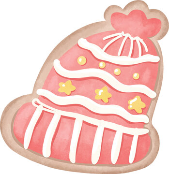 Cute Christmas beanie winter hat cookie with pompom for cozy holiday dessert and Christmas treats - hand drawn illustration vector asset