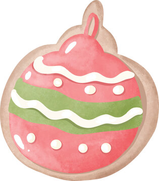 Cute Christmas bauble ornament cookie with green and red icing for holiday tree decor and dessert - hand drawn illustration vector asset