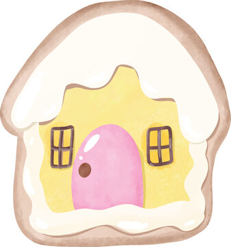 Cute gingerbread house cottage Christmas cookie with yellow roof for winter holiday dessert decoration - hand drawn illustration vector asset