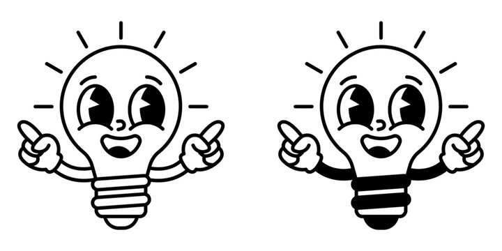 Vintage Rubber Hose Light Bulb School Mascot Character Cartoon Illustration with Outline and Solid Design