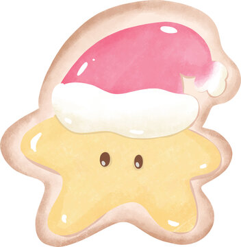 Cute yellow star Christmas cookie wearing a red Santa hat for holiday dessert and festive treats - hand drawn illustration vector asset