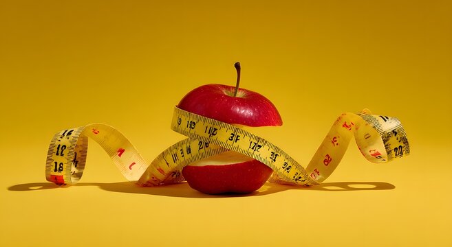 Konzeptuelle Symbolik f&uuml;r Di&auml;t, Gewichtskontrolle und Figurkomplexe im Sommer mit Apfelgriebsch und Ma&szlig;band
