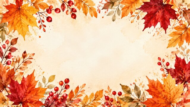 Autumn leaves and berries border with soft gradient background for text overlay