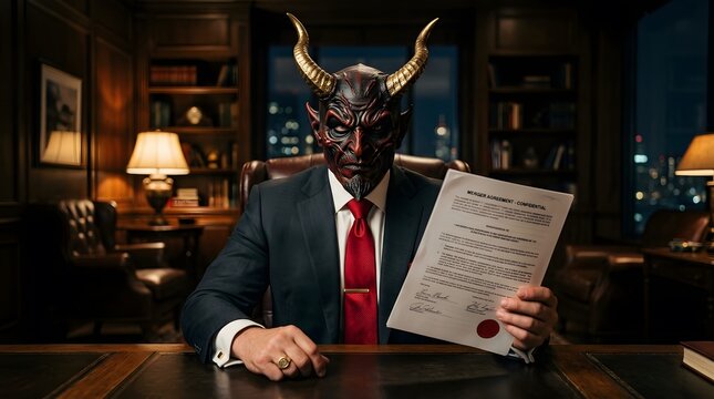 A businessman wearing a devil mask holding a contract for a spooky happy halloween office celebration theme