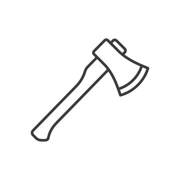 Simple line art illustration of a hand axe with a wooden handle and sharp metal blade, depicted in a minimalist black and white style.