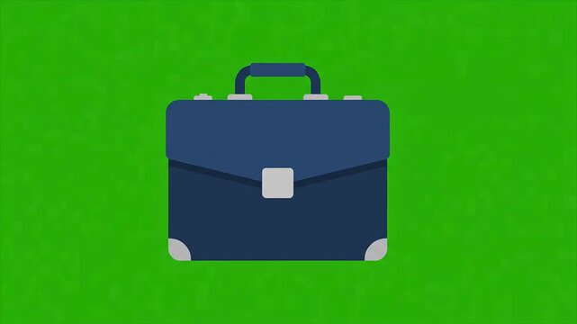 Flat design briefcase animation featuring a professional business bag icon on green background. Digital motion graphic element for corporate presentations and office concepts.