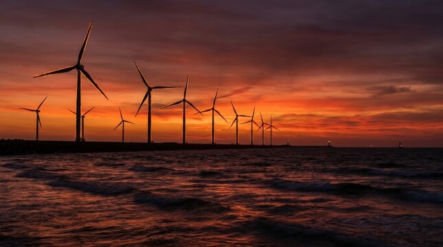 Wind turbines silhouetted against fiery red and orange coastal sunset