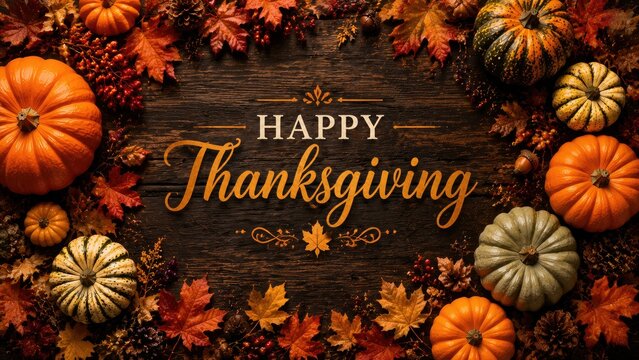 Autumn harvest pumpkins with colorful fall leaves against rustic wood for Thanksgiving celebration