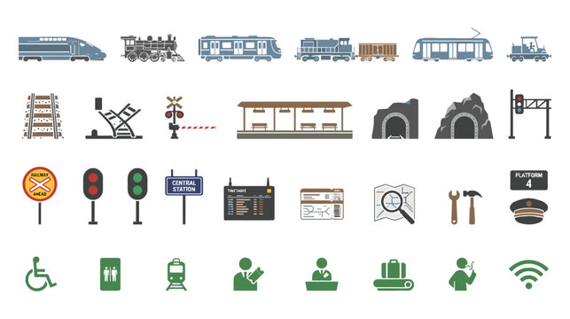 Train transportation icons for stations and travel vector set.