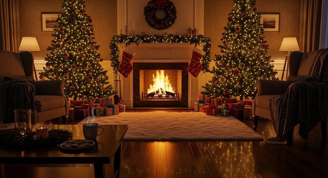 Cozy Hearth Glow: Twinkling Trees and Yuletide Warmth