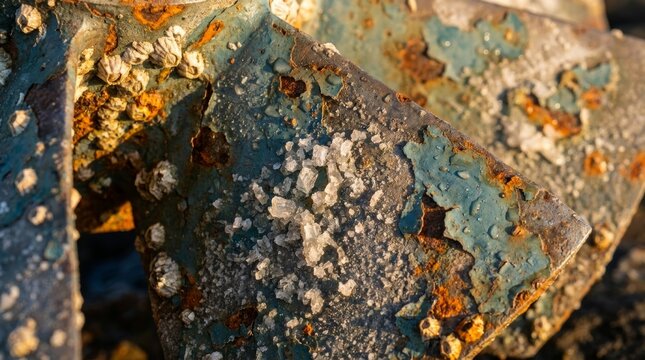 Salt crystals and barnacles covering weathered blue metal turbine surface
