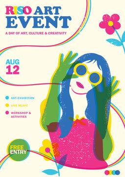 Modern Retro Risograph Art Event Poster with Color Separation and Flat Portrait Illustration