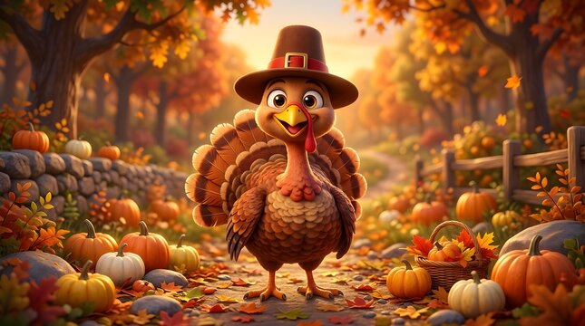 Cute cartoon turkey wearing a pilgrim hat in a pumpkin patch celebrating a happy halloween fall season