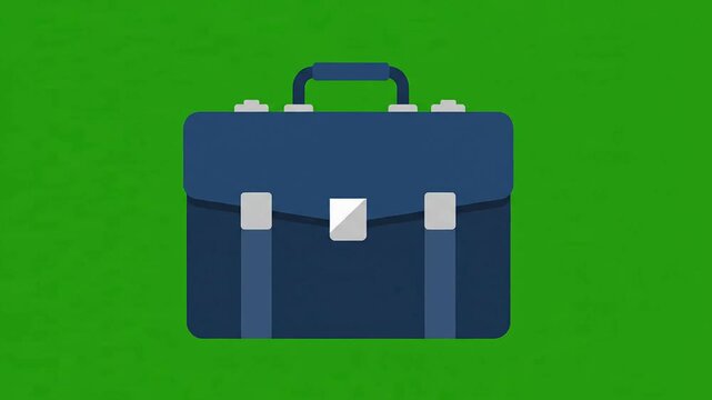 Minimalist blue briefcase icon animation on solid green background for professional business presentations and corporate branding identity visual design element loopable