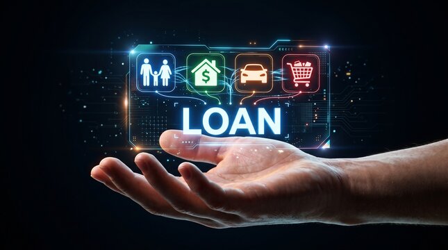 Human hand holding digital holographic interface representing financial loan concepts and various consumer banking services with supporting glowing digital