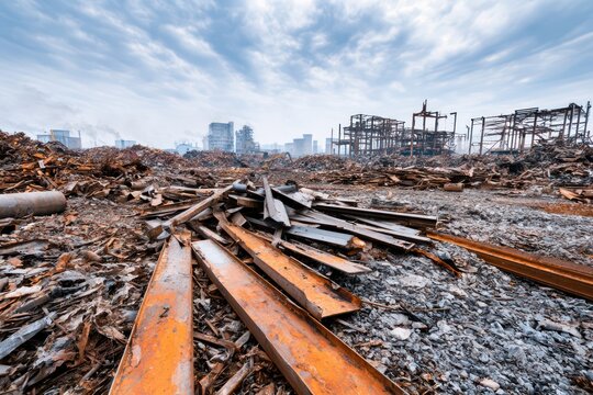 Massive outdoor scrap metal yard with steel pipes