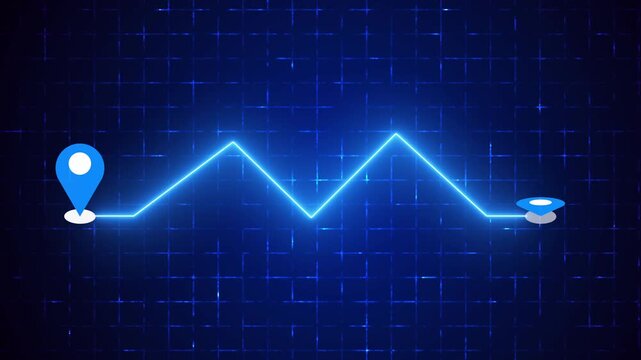 4K Neon Zigzag Navigation Route with Map Pin on a grid background. Glowing Zigzag GPS navigation route for delivery services, Online shops, UI, Buying process, and Business Marketing.
