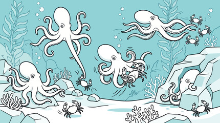 Playful octopuses and crabs in underwater scene. © Dias
