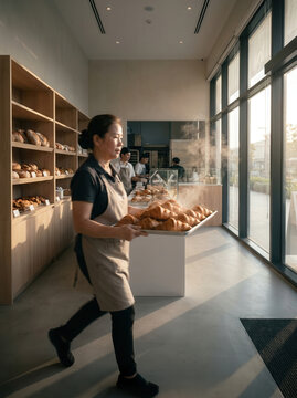 A female baker carrying a metal tray of freshly baked golden croissants walks through a sunny artisan bakery shop while bakers prepare pastries in the kitchen behind a glass partition.