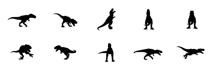 Fototapeta premium Dinosaurs in Black Silhouettes Walking and Standing in Various Poses Featuring Prehistoric, Creatures, Reptiles with Fossils