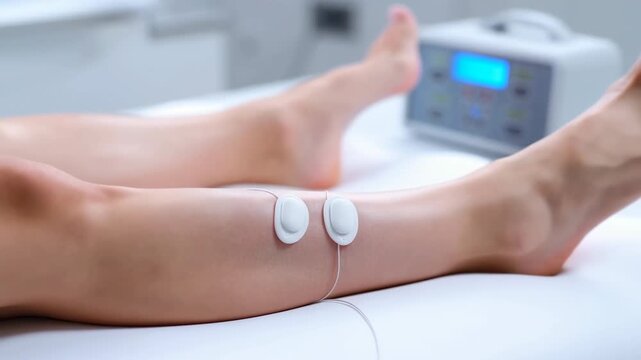 Lower legs with adhesive electrode pads on calf during clinical electrotherapy treatment in clean medical room with padded table, connecting wires, and soft blurred equipment