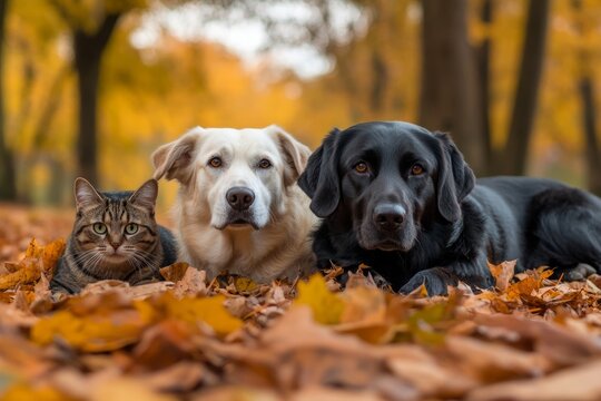 Dog cat pets friendship in autumn forest