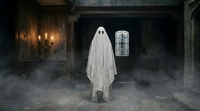 A spooky ghost standing in a dark haunted mansion corridor to celebrate a happy halloween season theme