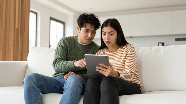 A young couple sits closely on a white couch, using a tablet computer together in a modern living room. The man points at the screen while the woman holds it, both focused on streaming content.