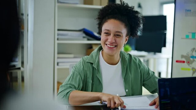 Happy latin business woman handshaking partnership in office. Smiling female executive making successful deal,presentation,planning,strategy with partner shaking hand at work standing at meeting table