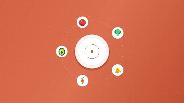 Minimalist Flat Vector Illustration Featuring a Central Dinner Plate Surrounded by Fresh Vegetables and Healthy Food Ingredients on an Orange Background