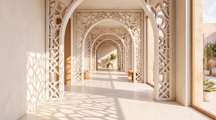 Obraz premium Beautiful long corridor arched doorways intricate carved white plaster patterns modern mediterranean architecture sharp geometric sunlight shadows empty outdoor hallway