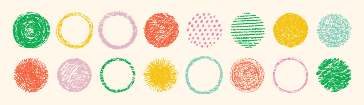  Crayon-textured circles and brush strokes form abstract round patterns with hand-drawn dots ideal for creative sketches and artistic crayon compositions. Vector illustration.