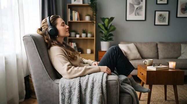 Side view young calm woman wear casual clothes listen music in headphones close eyes sit on armchair stay at home hotel flat rest relax spend free spare time in grey living room indoor. Lounge concept