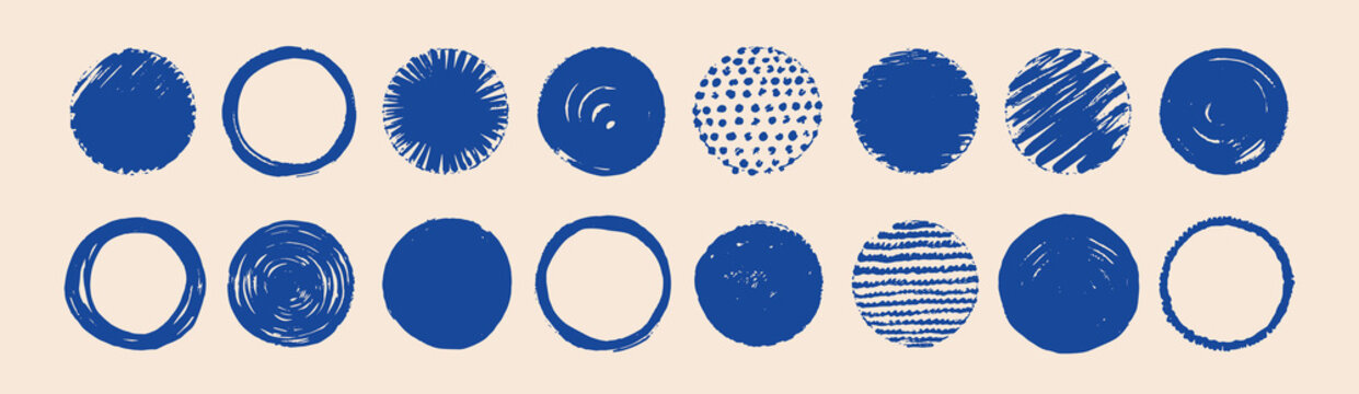 Pastel crayon circles with rough pencil textures. Hand-sketched dots and brush patterns for artistic backgrounds. Vector illustration.