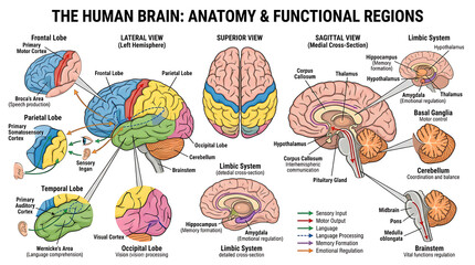 Comprehensive Educational Illustration of Human Brain Anatomy Highlighting Various Lobes and Functional Neural Regions