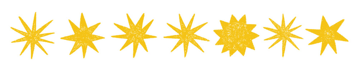 Obraz premium Hand-drawn star doodles in pastel crayon strokes. Cute vector icons with brush textures, sparkles, and vintage chalk effects. Yellow vector illustration.