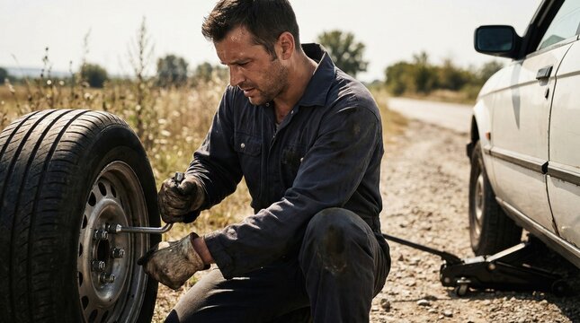 A man kneels beside a car on a quiet road. He is using a tool to remove a flat tire. The sun shines brightly overhead