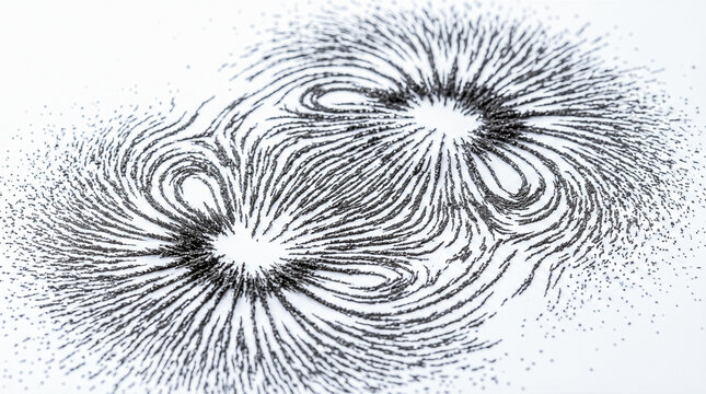 Black iron filings forming two circular magnetic field patterns upon flat blank white paper displaying visible force lines pointing outward