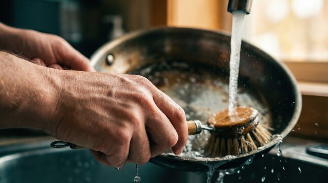 Water flows from the faucet as hands scrub the surface of a metal pan with a brush in a sunny kitchen