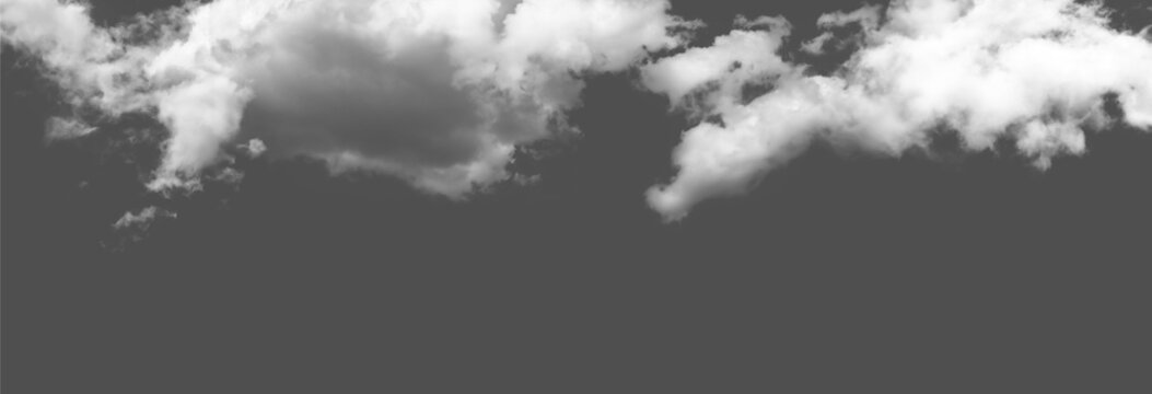 Fluffy white clouds isolated on a dark grey background isolated on transparent background