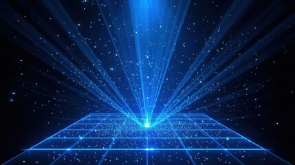 Fototapeta premium Glowing blue holographic projection platform. Futuristic digital stage with light rays.