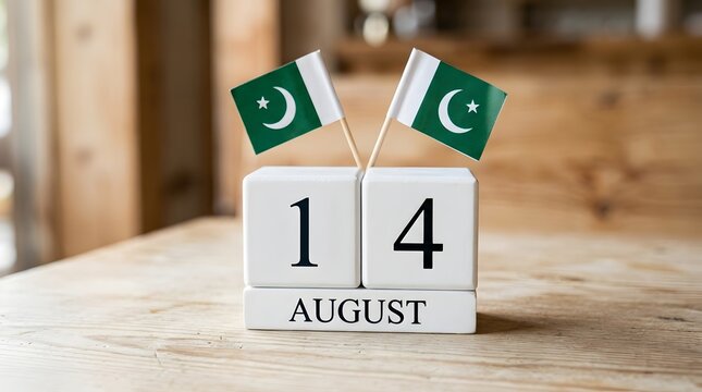 Wooden Block Calendar Showing 14 August with Small Pakistan Flags on Wooden Table by Window