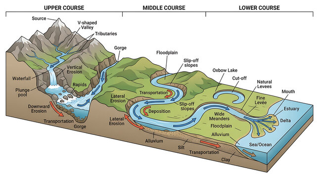 Educational illustration showing the geological stages of a river system from the upper course to the lower course delta