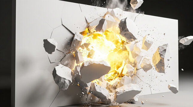 Exploding solid white concrete wall shattering into flying broken debris pieces revealing bright glowing golden light creating massive structural breakthrough