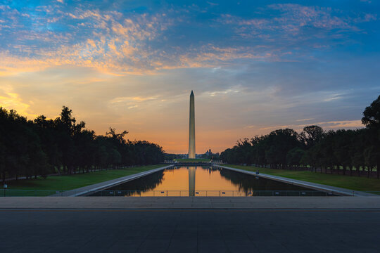 Washington Monument Reflecting in the Reflecting Pool at Blue Hour Sunrise, Washington DC, USA