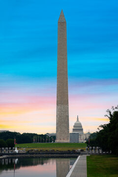 Washington Monument Reflecting in the Reflecting Pool at Blue Hour Sunrise, Washington DC, USA