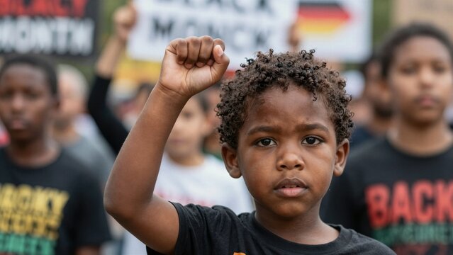 A determined young African American boy raises his fist in solidarity during a demonstration, symbolizing strength and unity among diverse groups.