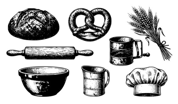 Vintage Bakery Vector Icon Set Featuring Fresh Bread Pretzel Wheat Rolling Pin Flour Sifter Bowl Measuring Cup and Chef Hat